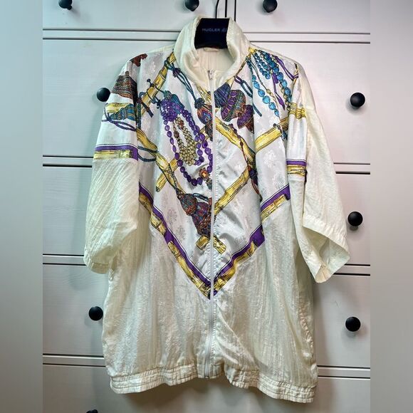 FOZY NY VINTAGE bomber cream purple 80s/90s Retro Windbreaker Track Jacket Zip M - Picture 5 of 17